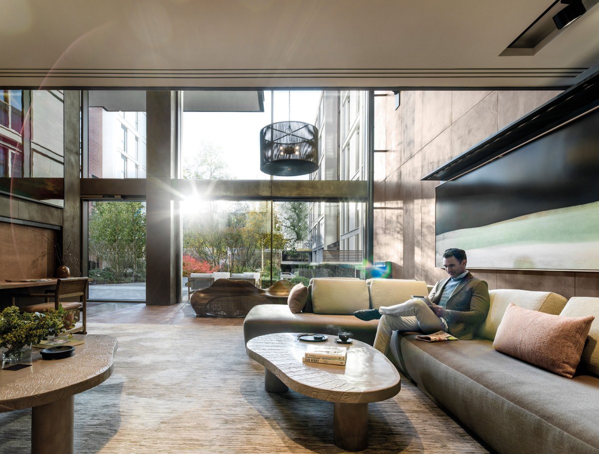 The library room overlooks the landscaped central courtyard garden